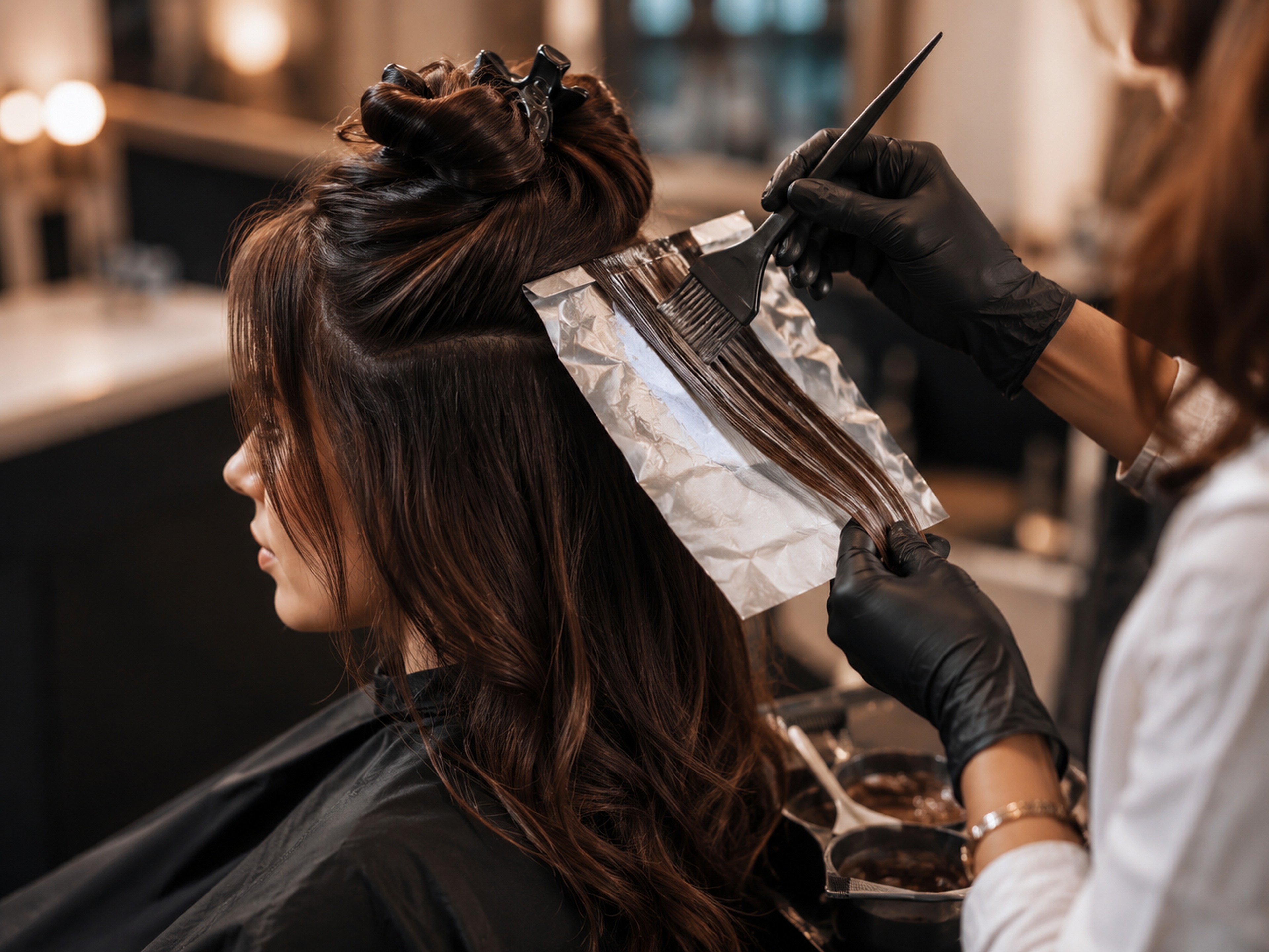 Haarfarbe wird professionell aufgetragen