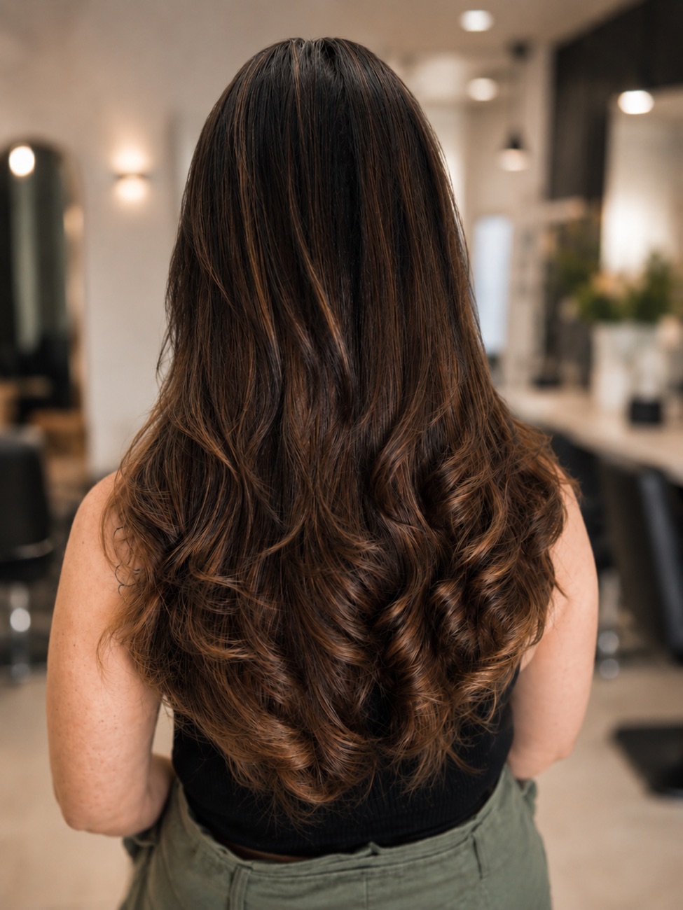 Damen Haarergebnis Rückansicht mit Balayage und weichen Wellen