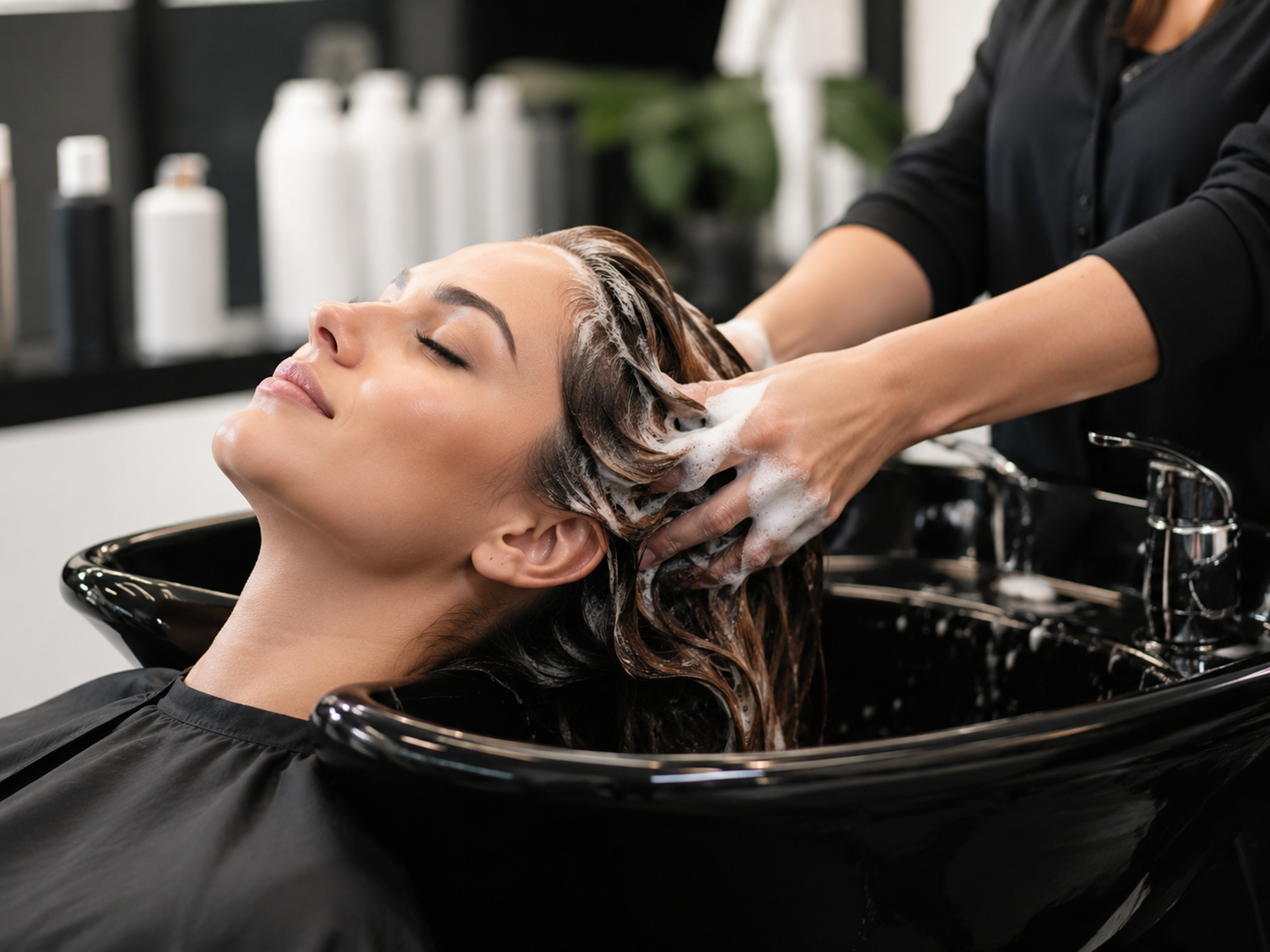 Entspannende Haarwäsche im Friseursalon